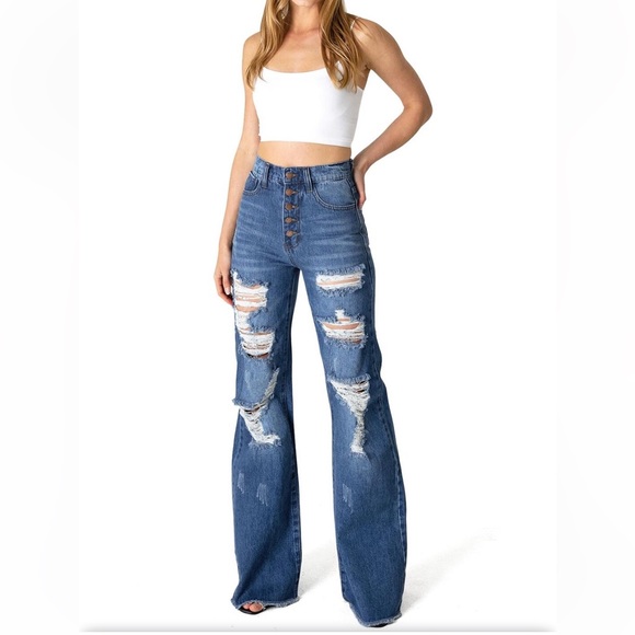 Vibe & Rant Denim - Vibe & Rant Denim High Rise Ripped Wide Leg Flare Jeans